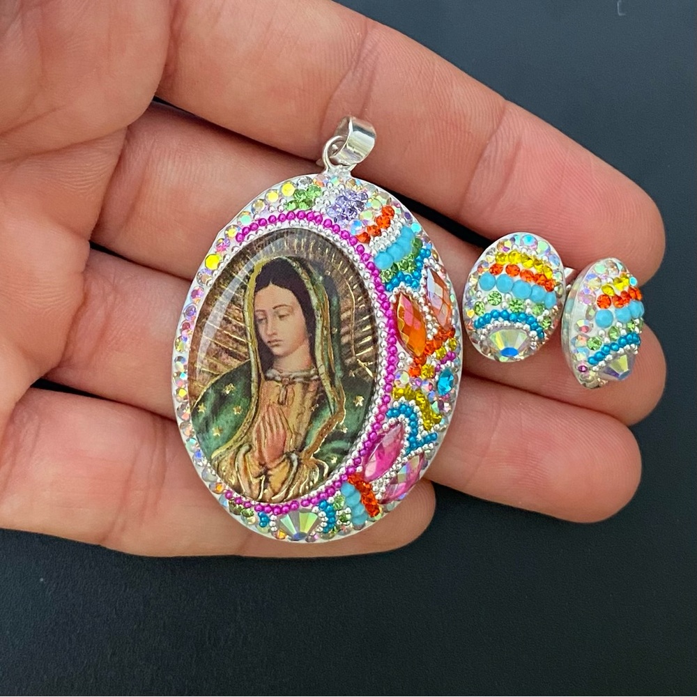 Real 925 Sterling Silver Virgin Of Guadalupe Pendant and earrings Handmade - Picture 6 of 9